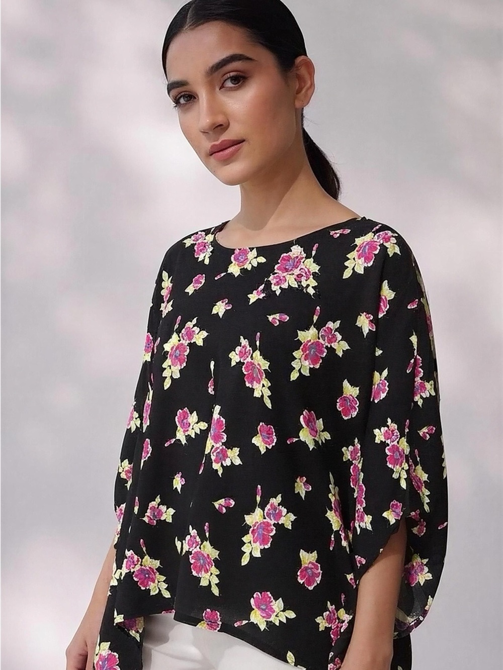 Black Floral Boatneck Blouse with Pink & Green Print